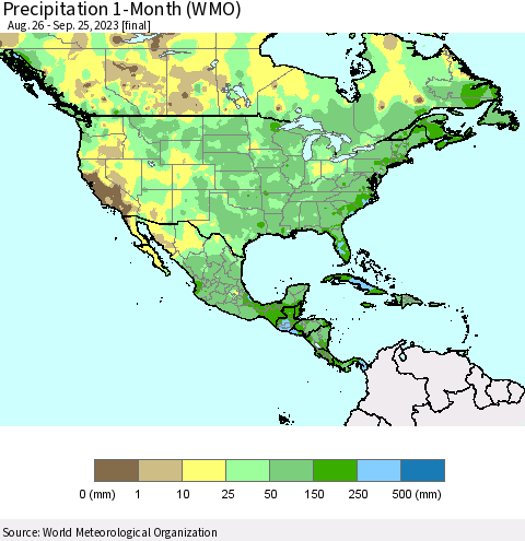 North America Precipitation 1-Month (WMO) Thematic Map For 8/26/2023 - 9/25/2023