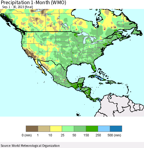 North America Precipitation 1-Month (WMO) Thematic Map For 9/1/2023 - 9/30/2023