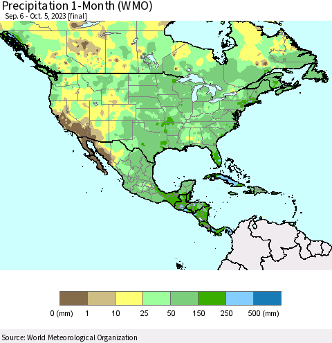 North America Precipitation 1-Month (WMO) Thematic Map For 9/6/2023 - 10/5/2023