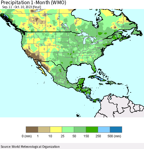 North America Precipitation 1-Month (WMO) Thematic Map For 9/11/2023 - 10/10/2023