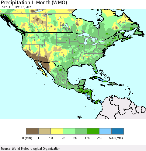 North America Precipitation 1-Month (WMO) Thematic Map For 9/16/2023 - 10/15/2023