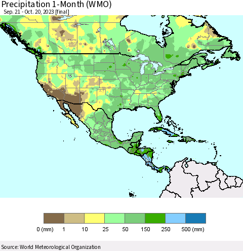 North America Precipitation 1-Month (WMO) Thematic Map For 9/21/2023 - 10/20/2023