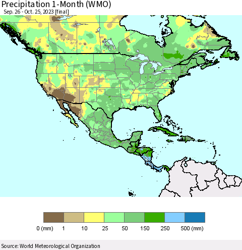 North America Precipitation 1-Month (WMO) Thematic Map For 9/26/2023 - 10/25/2023