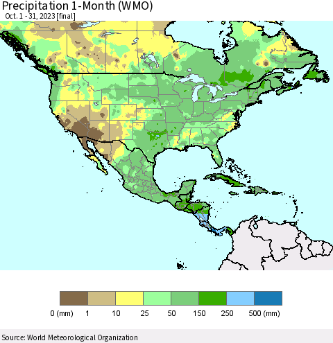 North America Precipitation 1-Month (WMO) Thematic Map For 10/1/2023 - 10/31/2023