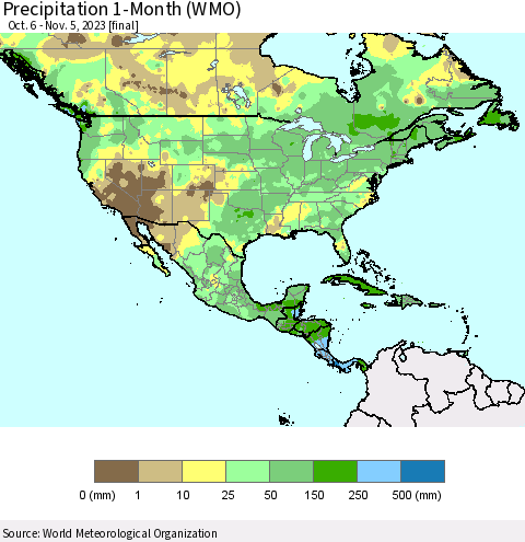 North America Precipitation 1-Month (WMO) Thematic Map For 10/6/2023 - 11/5/2023