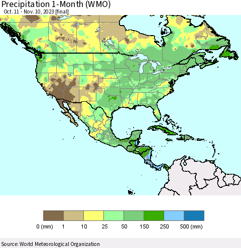 North America Precipitation 1-Month (WMO) Thematic Map For 10/11/2023 - 11/10/2023