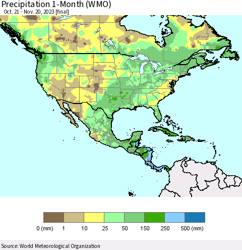 North America Precipitation 1-Month (WMO) Thematic Map For 10/21/2023 - 11/20/2023
