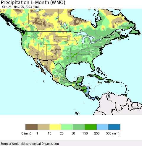 North America Precipitation 1-Month (WMO) Thematic Map For 10/26/2023 - 11/25/2023