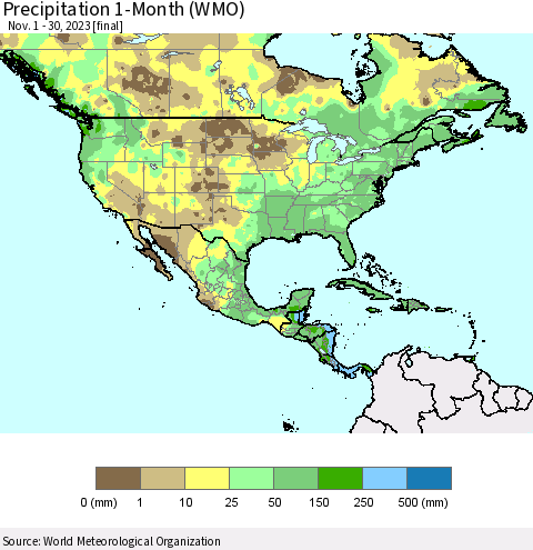 North America Precipitation 1-Month (WMO) Thematic Map For 11/1/2023 - 11/30/2023