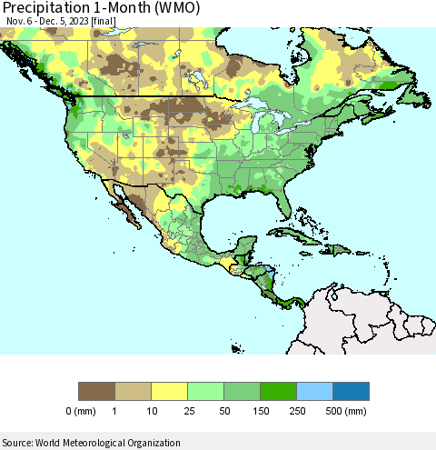 North America Precipitation 1-Month (WMO) Thematic Map For 11/6/2023 - 12/5/2023