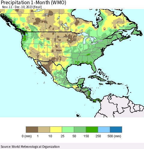 North America Precipitation 1-Month (WMO) Thematic Map For 11/11/2023 - 12/10/2023