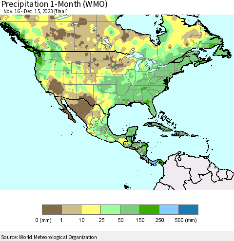 North America Precipitation 1-Month (WMO) Thematic Map For 11/16/2023 - 12/15/2023