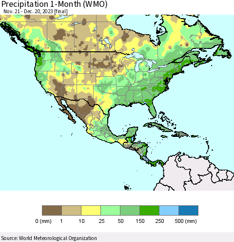 North America Precipitation 1-Month (WMO) Thematic Map For 11/21/2023 - 12/20/2023