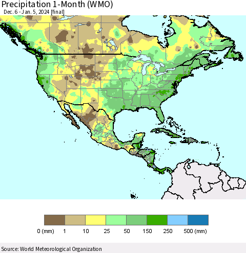 North America Precipitation 1-Month (WMO) Thematic Map For 12/6/2023 - 1/5/2024