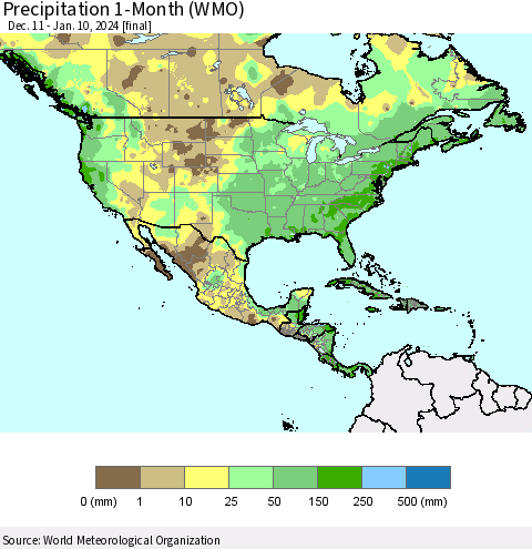 North America Precipitation 1-Month (WMO) Thematic Map For 12/11/2023 - 1/10/2024