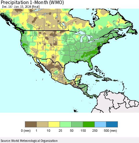 North America Precipitation 1-Month (WMO) Thematic Map For 12/16/2023 - 1/15/2024