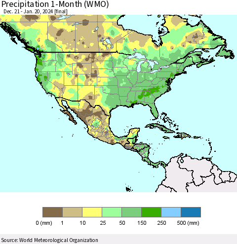 North America Precipitation 1-Month (WMO) Thematic Map For 12/21/2023 - 1/20/2024