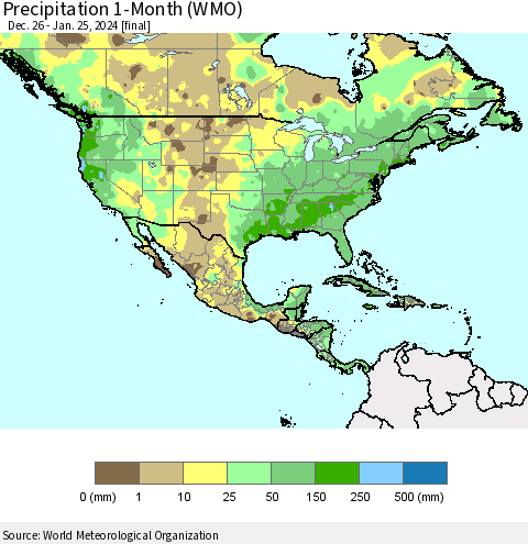 North America Precipitation 1-Month (WMO) Thematic Map For 12/26/2023 - 1/25/2024