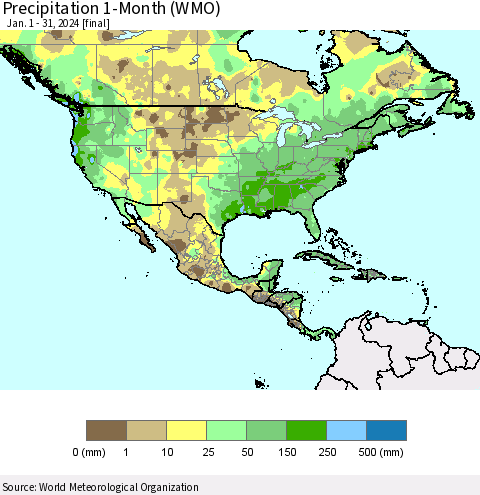 North America Precipitation 1-Month (WMO) Thematic Map For 1/1/2024 - 1/31/2024