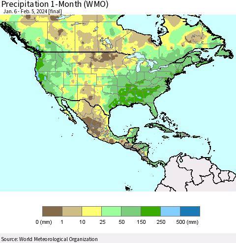 North America Precipitation 1-Month (WMO) Thematic Map For 1/6/2024 - 2/5/2024