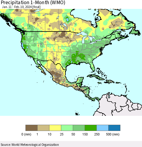 North America Precipitation 1-Month (WMO) Thematic Map For 1/11/2024 - 2/10/2024