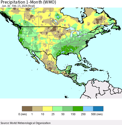 North America Precipitation 1-Month (WMO) Thematic Map For 1/16/2024 - 2/15/2024