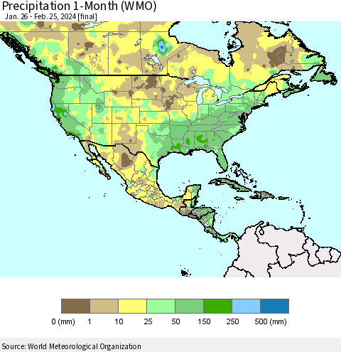 North America Precipitation 1-Month (WMO) Thematic Map For 1/26/2024 - 2/25/2024
