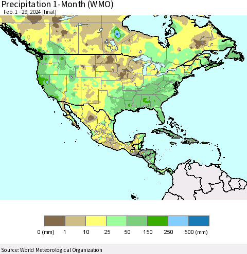North America Precipitation 1-Month (WMO) Thematic Map For 2/1/2024 - 2/29/2024