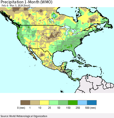 North America Precipitation 1-Month (WMO) Thematic Map For 2/6/2024 - 3/5/2024