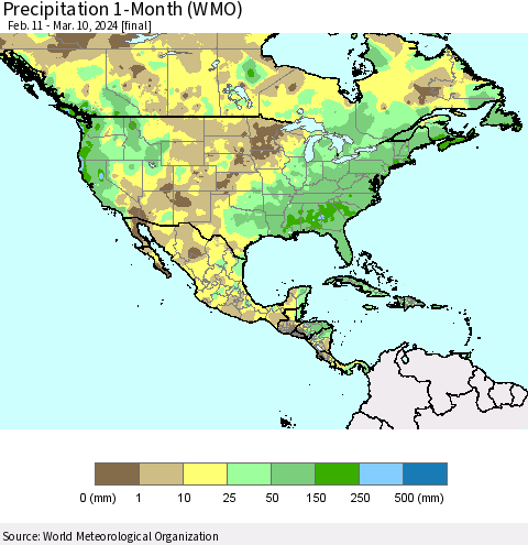 North America Precipitation 1-Month (WMO) Thematic Map For 2/11/2024 - 3/10/2024