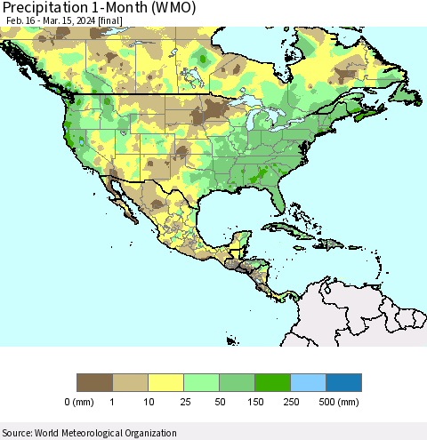 North America Precipitation 1-Month (WMO) Thematic Map For 2/16/2024 - 3/15/2024