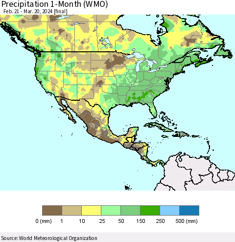 North America Precipitation 1-Month (WMO) Thematic Map For 2/21/2024 - 3/20/2024