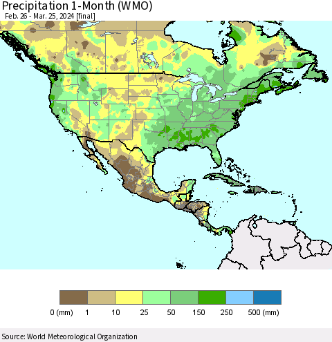 North America Precipitation 1-Month (WMO) Thematic Map For 2/26/2024 - 3/25/2024