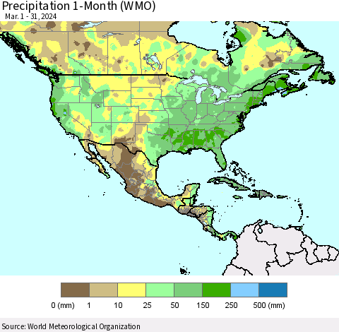 North America Precipitation 1-Month (WMO) Thematic Map For 3/1/2024 - 3/31/2024