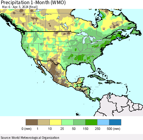 North America Precipitation 1-Month (WMO) Thematic Map For 3/6/2024 - 4/5/2024