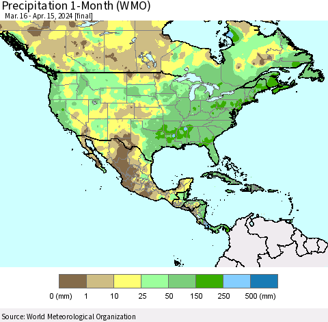 North America Precipitation 1-Month (WMO) Thematic Map For 3/16/2024 - 4/15/2024