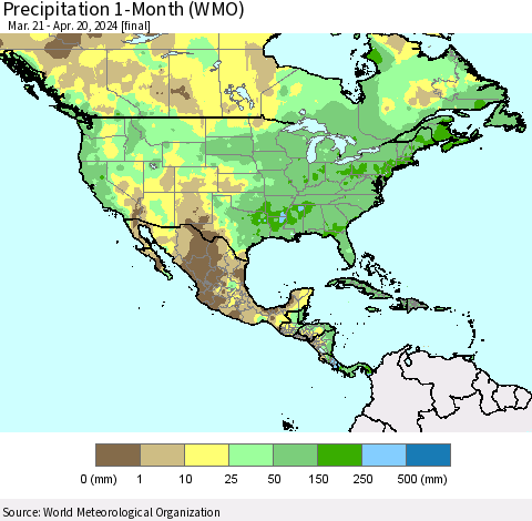 North America Precipitation 1-Month (WMO) Thematic Map For 3/21/2024 - 4/20/2024