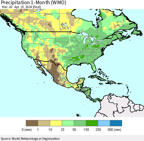 North America Precipitation 1-Month (WMO) Thematic Map For 3/26/2024 - 4/25/2024