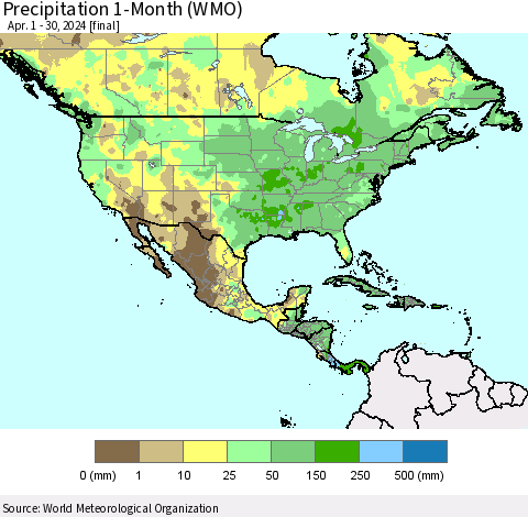 North America Precipitation 1-Month (WMO) Thematic Map For 4/1/2024 - 4/30/2024