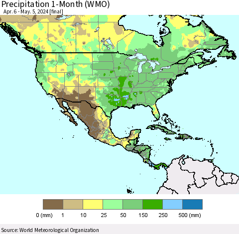 North America Precipitation 1-Month (WMO) Thematic Map For 4/6/2024 - 5/5/2024