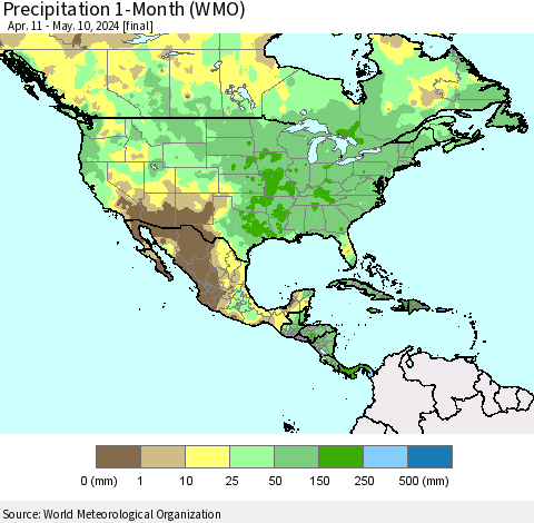North America Precipitation 1-Month (WMO) Thematic Map For 4/11/2024 - 5/10/2024