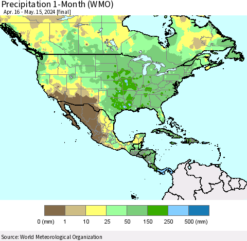 North America Precipitation 1-Month (WMO) Thematic Map For 4/16/2024 - 5/15/2024