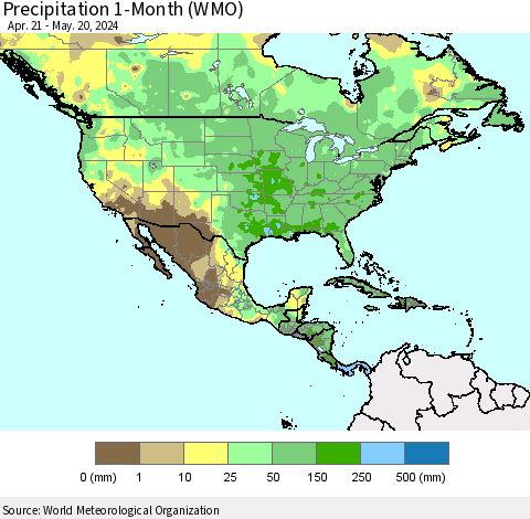 North America Precipitation 1-Month (WMO) Thematic Map For 4/21/2024 - 5/20/2024
