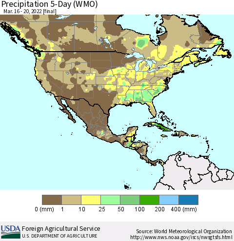 North America Precipitation 5-Day (WMO) Thematic Map For 3/16/2022 - 3/20/2022