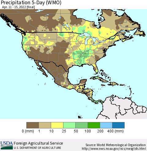 North America Precipitation 5-Day (WMO) Thematic Map For 4/11/2022 - 4/15/2022