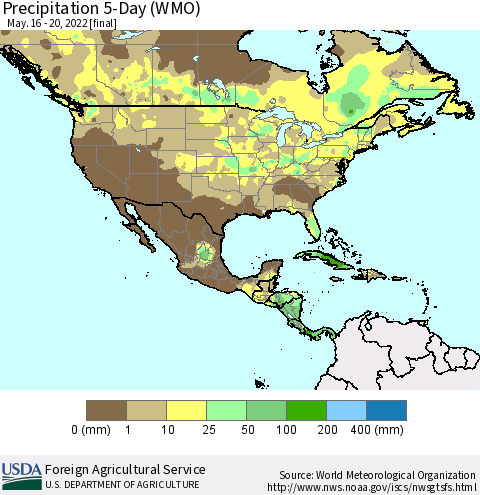 North America Precipitation 5-Day (WMO) Thematic Map For 5/16/2022 - 5/20/2022