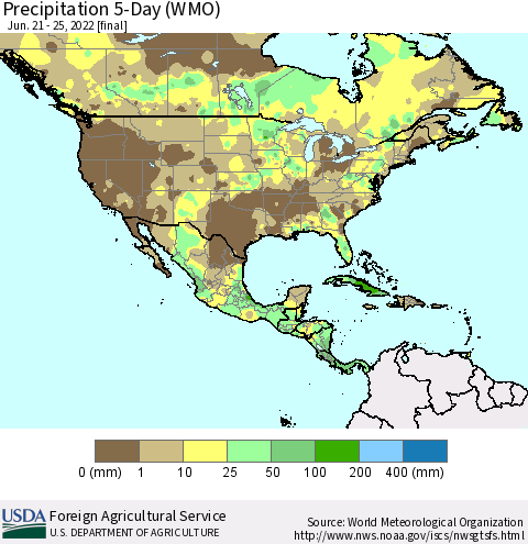 North America Precipitation 5-Day (WMO) Thematic Map For 6/21/2022 - 6/25/2022