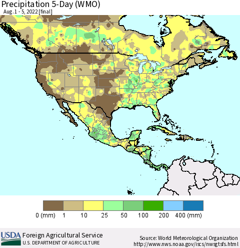 North America Precipitation 5-Day (WMO) Thematic Map For 8/1/2022 - 8/5/2022