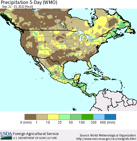 North America Precipitation 5-Day (WMO) Thematic Map For 9/21/2022 - 9/25/2022