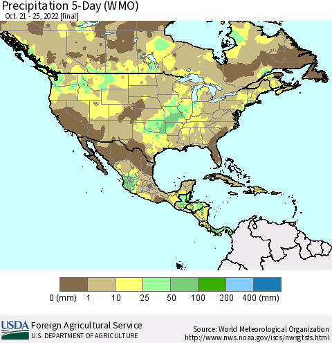 North America Precipitation 5-Day (WMO) Thematic Map For 10/21/2022 - 10/25/2022